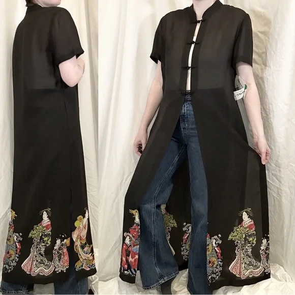 NWT Vintage 1990s-Y2K Danny & Nicole S/S Sheer Longline Blouse w/ Japanese Art - Picture 1 of 12
